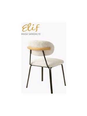 Elif Sandalye Duru Sandalye | Krem Bukle Kumaş Ahşap Detaylı Modern Metal Ayaklı Yemek Sandalyesi