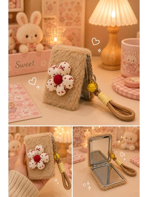 Hediye Filesi Peluş  Desenli Çiçek Detaylı Cep Aynası Anahtarlık – Kawaii Çanta Charmı Cep Çanta Makyaj Aynası-B