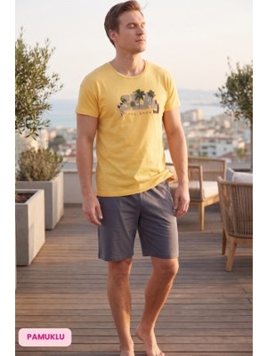 Seamlife Homewear Erkek Bisiklet Yaka Düğmesiz Pamuklu Yazlık Kısa Kollu Cepli Şortlu Pijama Takımı