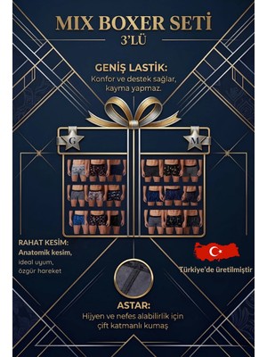 Mercan İç Giyim Erkek Boxer Karışık Desenli 3'lü Set Pamuk Boxer Mix
