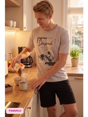 Seamlife Homewear Erkek Bisiklet Yaka Düğmesiz Pamuklu Yazlık Kısa Kollu Cepli Şortlu Pijama Takımı