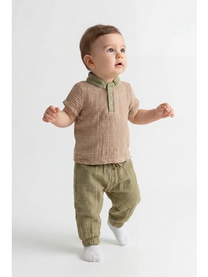 Joy Kids Erkek Çocuk Pamuklu Müslin Takım (Haki-Krem) (6-24AY)