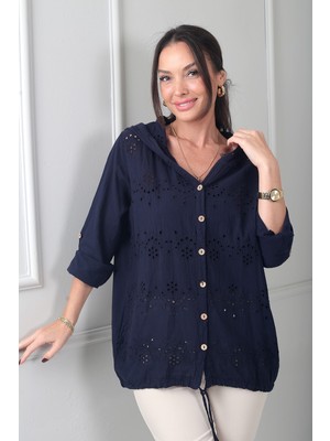 By Saygı Kadın Kapüşonlu Önü Düğmeli Cepli  Brode Fisto Işlemeli Italyan Cotton Ceket