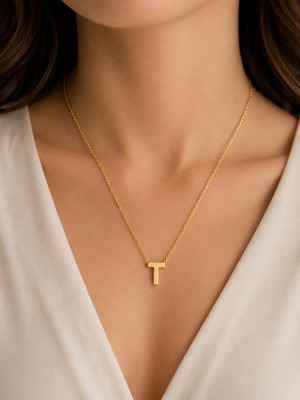 Minimal T Harf Gold Çelik Kolye