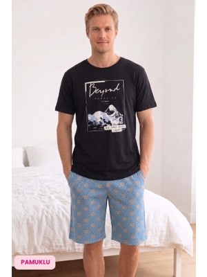 Seamlife Homewear Erkek Siyah-Mavi Desenli Bisiklet Yaka Düğmesiz Pamuklu Yazlık Kısa Kol Cepli Şortlu Pijama Takımı