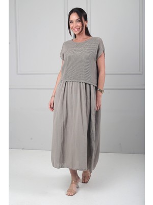 By Saygı Kadın Fileli Eteği Büzgülü Italyan Cotton Midi Elbise