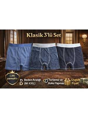 Mercan İç Giyim 3'lü Esnek Boxer - Klasik Seri, Rahat Kesim