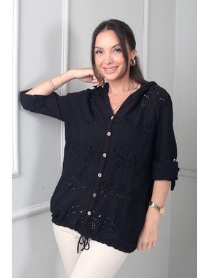 By Saygı Kadın Kapüşonlu Önü Düğmeli Cepli  Brode Fisto Işlemeli Italyan Cotton Ceket