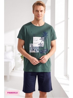 Seamlife Homewear Erkek Yeşil Desenli Bisiklet Yaka Düğmesiz Pamuklu Yazlık Kısa Kol Cepli Şortlu Pijama Takımı