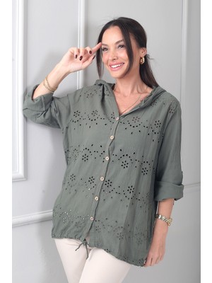 By Saygı Kadın Kapüşonlu Önü Düğmeli Cepli  Brode Fisto Işlemeli Italyan Cotton Ceket