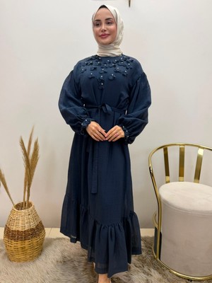 JOOQSTORE Ağaç Kabuğu Ince Tensel Yakası Çiçekli Elbise