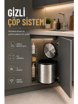Sas Banyo, Mutfak Dolabı İçi 11 Litre Metal Çöp Kovası – Krom, Tüm Dolaplara Uyumlu Tezgah Altı Çöp Kovası