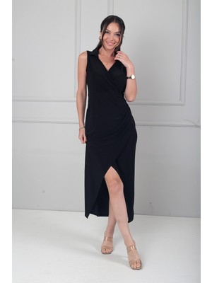 By Saygı Kadın Polo Kruvaze Yaka Drape Detaylı Likralı Midi Elbise