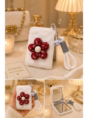Biton Toptan Peluş  Desenli Çiçek Detaylı Cep Aynası Anahtarlık – Kawaii Çanta Charmı Cep Çanta Makyaj Aynası-C