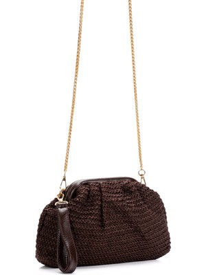 Adelina Bags Kadın Burslu Hasır Çanta Portföy Clutch Acı Kahve Omuz Çantası El ve Omuz Askılı Hasır Çanta