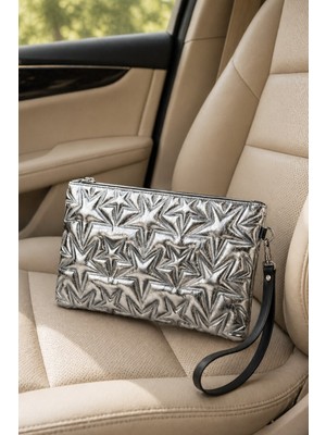 Adelina Bags Yıldız Nakış Işlemeli Portföy El Çantası Bilek Askılı Saten Astarlı Gümüş Clutch Çanta