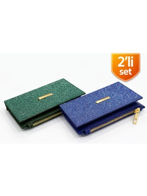 Adelina Bags 2'li Cüzdan Paketi Simli Görünümlü Kadın Cüzdan Ince Kibar Kadın Cüzdanı 2 Adet Mavi ve Yeşil