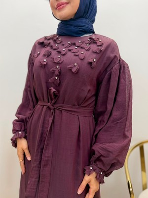 JOOQSTORE Ağaç Kabuğu Ince Tensel Yakası Çiçekli Elbise