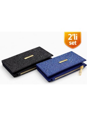 Adelina Bags 2'li Cüzdan Paketi Simli Görünümlü Kadın Cüzdan Ince Kibar Kadın Cüzdanı 2 Adet Siyah ve Mavi