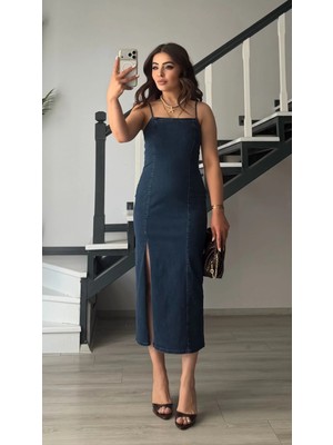 Elisin Koyu Mavi Yırtmaçlı Likralı Denim Elbise