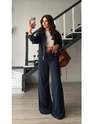 Elisin Lacivert Tencel Bomber Ceket-Pantolon Takım
