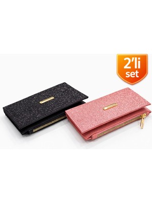 Adelina Bags 2'li Cüzdan Paketi Simli Görünümlü Kadın Cüzdan Ince Kibar Kadın Cüzdanı 2 Adet Siyah ve Pudra