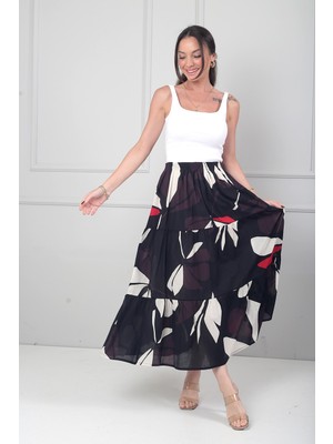 By Saygı Kadın Beli Lastikli Astarlı Çiçek Desenli Fırfırlı Midi Cotton Etek