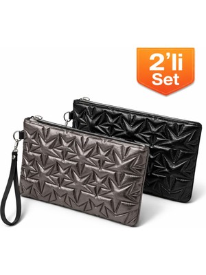 Adelina Bags 2'li Çanta Paketi Yıldız Desenli Portföy El Çantası Bilek Askılı Clutch Çanta