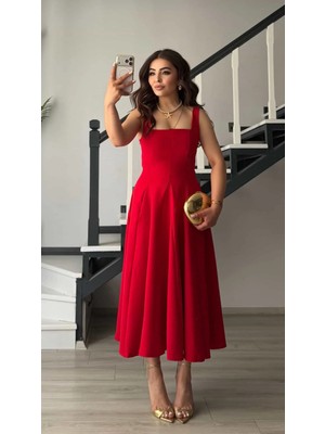 Elisin Kırmızı Kare Yaka Kuşaklı Midi Elbise