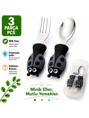 Jojobebek Uğurböceği Premium Çocuk Bpa'sız Silikon Saplı Paslanmaz Çelik Uçlu Çatal-Kaşık/saklama Kutusu 9+Ay