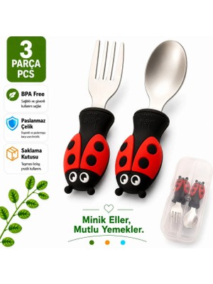 Jojobebek Uğurböceği Premium Çocuk Bpa'sız Silikon Saplı Paslanmaz Çelik Uçlu Çatal-Kaşık/saklama Kutusu