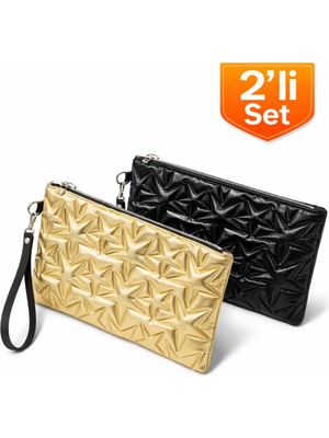 Adelina Bags 2'li Çanta Paketi Yıldız Desenli Portföy El Çantası Bilek Askılı Clutch Çanta