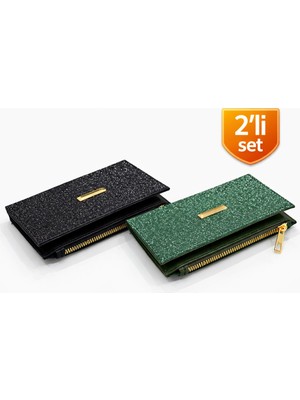 Adelina Bags 2'li Cüzdan Paketi Simli Görünümlü Kadın Cüzdan Ince Kibar Kadın Cüzdanı 2 Adet Siyah ve Yeşil