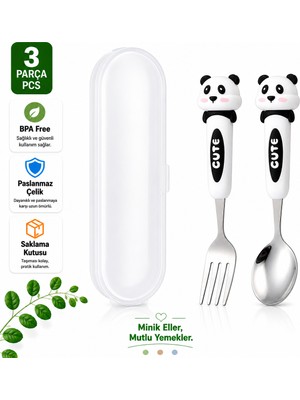 Jojobebek Siyah-Beyaz Renk Panda Figürlü Premium Çocuk Bpa Free Paslanmaz Çelik Uçlu Çatal-Kaşık Set 24+ Ay