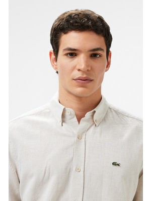 Lacoste Men's Regular Fit Button-Down Collar Linen Shirt Beige Erkek Düğmeli Yaka Keten Gömlek Bej