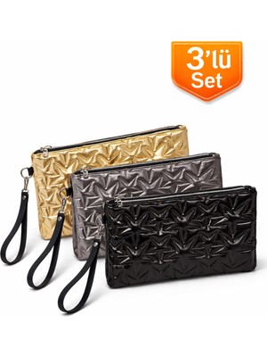 Adelina Bags 3'lü Çanta Paketi Yıldız Desenli Portföy El Çantası Bilek Askılı Clutch Çanta