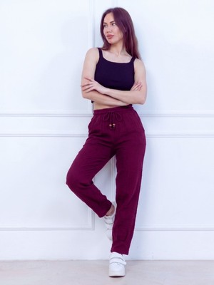 Trendseninle Kadın Bordo Müslin Pamuk Paça Pileli Pantolon