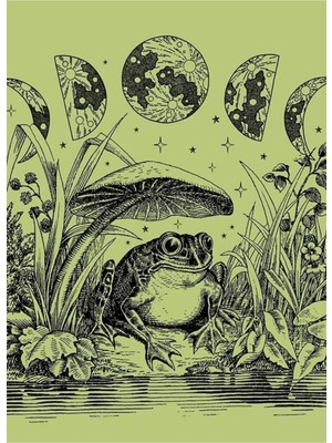 Universal Şirin Cottagecore Estetik Kurbağa Mantar Ay Cadı Vintage Pastel Yeşil Tablo Ahşap Poster Dekoratif