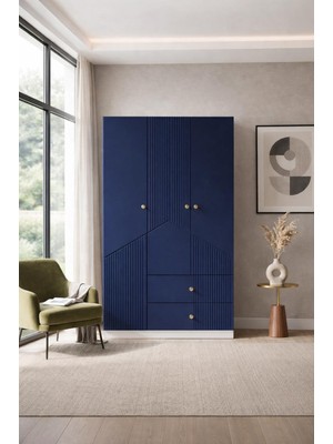 By Cino BYCİNO Cenova 3 Kapaklı 2 Çekmeceli Modern Tasarım Mdf Membran Kapak Lambiri Lacivert Gardırop