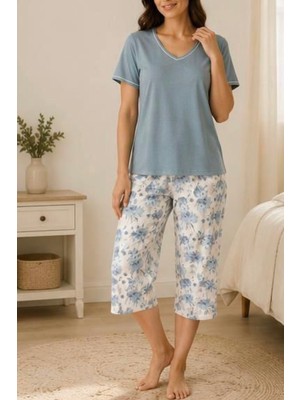 26495-NENA Kısa Kollu V Yaka % 100 Pamuk Kiss Kapri Pijama Takımı