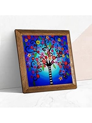 Hayat Ağacı Taş Duvar Tablosu Ahşap Çerçeveli Duvar Dekoru Art 25X25CM W1-108