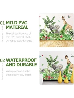 Duvar Çıkartmaları, Orman Hayvanları ve Tropikal Bitki Desenli Sticker, Su Geçirmez Pvc Bebek Odası Dekorasyonu, Kendin Yap Yeşil Yapraklar ile Kırmızı Çiçekli Dekoratif Yapışkanlı Folyo