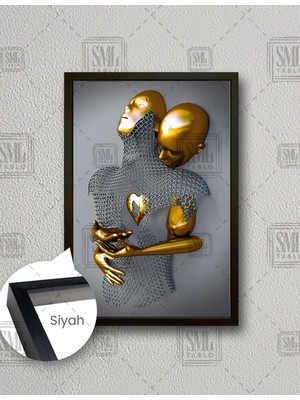 SML Tablo Sarılan Gold Ile Metal ve Zincirden Oluşan Çift Metalik Gri Romantik Dikey Çerçeveli Kanvas Tablo