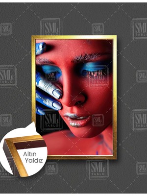 SML Tablo Kırmızı ve Mavi Makyajlı Gümüş Ojeli Kadın Make Up Dekoratif Dikey Çerçeveli Kanvas Tablo