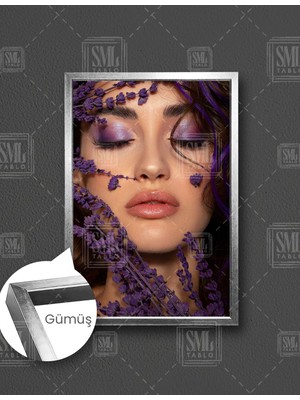 SML Tablo Mor Tonlarında Makyajlı Kadın ve Kuru Lavanta Make Up Güzellik Salonu Dikey Çerçeveli Kanvas Tablo