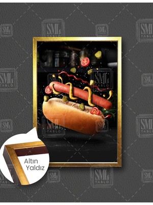 SML Tablo Sosisli Ekmek Domates Turşu Hardal Ketçap Fast Food Dikey Çerçeveli Kanvas Tablo
