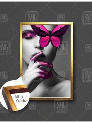 SML Tablo Pembe Makyajlı Kadın ve Sarı Kelebek Make Up Dekoratif Dikey Çerçeveli Kanvas Tablo