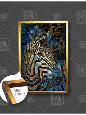 SML Tablo Lacivert ve Gold Desenli Zebra Dijital Çizim Hayvan Dekor Dikey Çerçeveli Kanvas Tablo