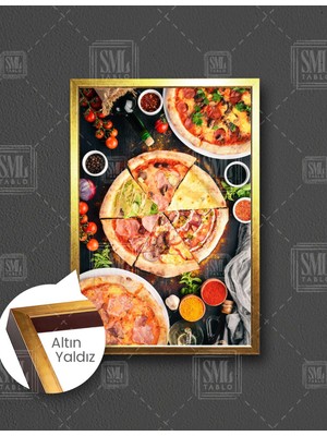 SML Tablo Lezzetli Pizza Çeşitleri Italyan Mutfağı Fast Food Pizza Italian Dikey Çerçeveli Kanvas Tablo