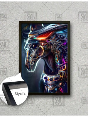 SML Tablo Futuristik Renkli Neon Çizgiler At Iskelet Yapısı Röntgen Dikey Çerçeveli Kanvas Tablo